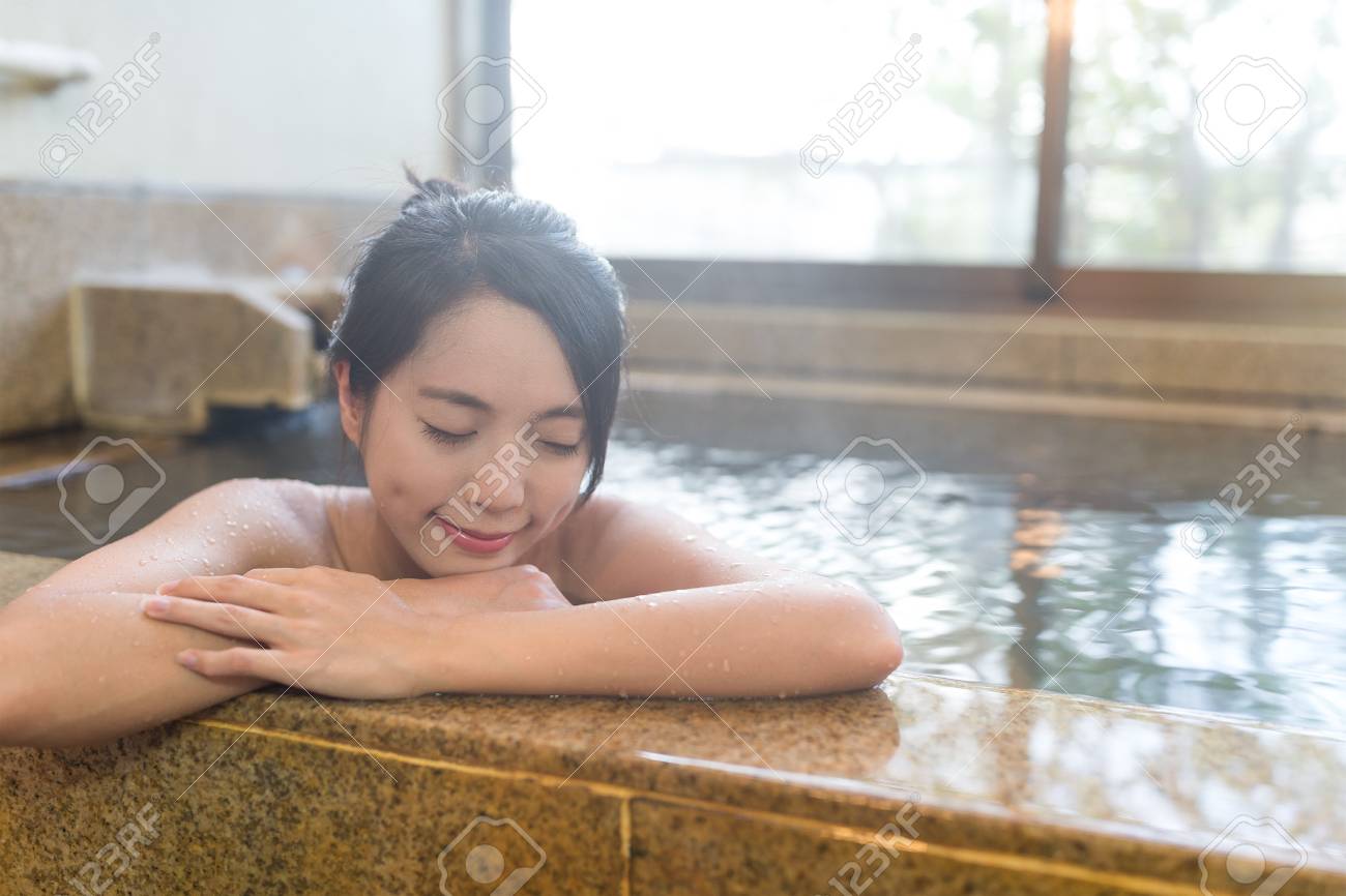 Woman Enjoy Japanese Hot Spring Stock