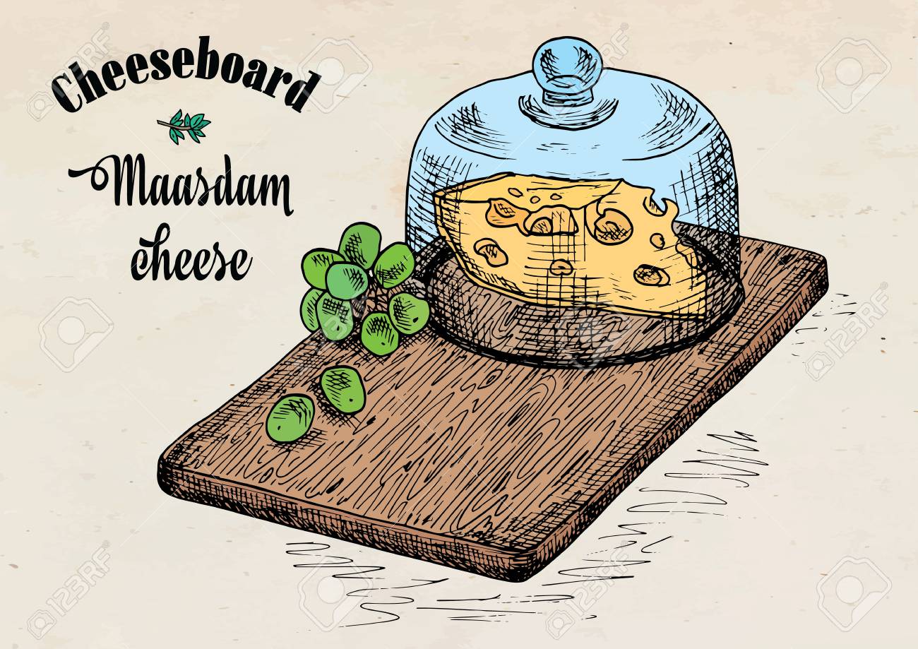 Main Dessin Illustration De Planche à Découper à Raisins Et Fromage Plateau à Fromage