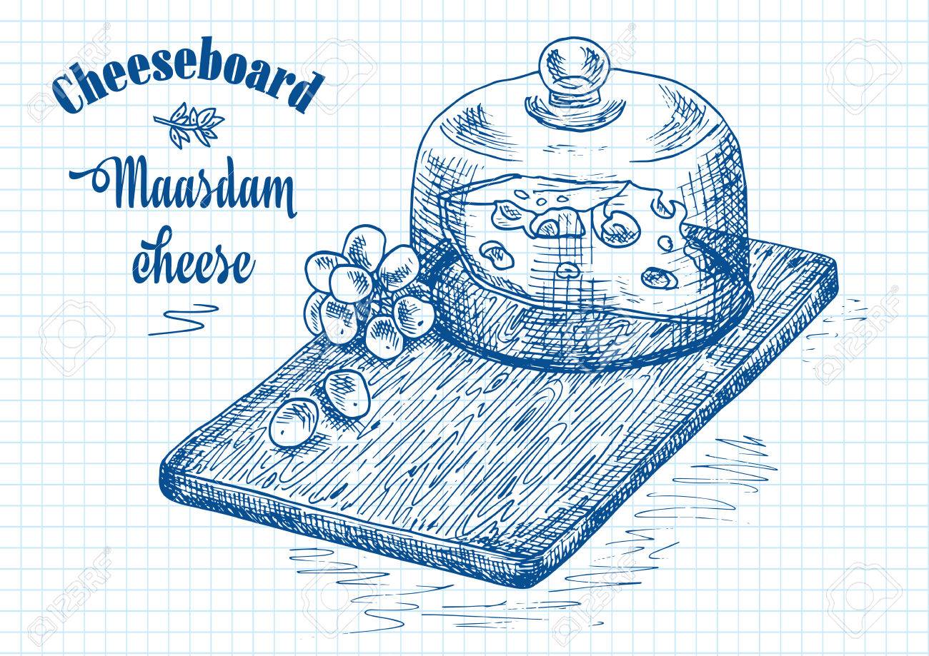 Main Dessin Illustration De Planche à Découper à Raisins Et Fromage Plateau à Fromage
