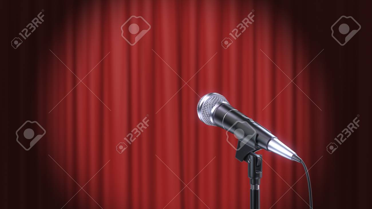Microphone and Red Curtains Background, 3d Render - 120706569 Microphone and Red Curtains Background, 3d Render - 120706569