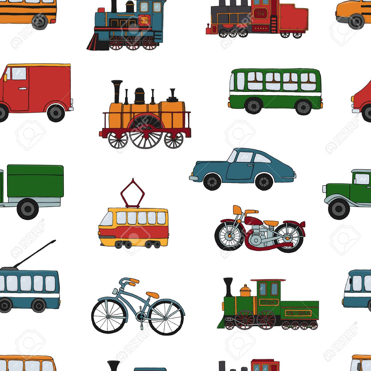 Vector colored seamless pattern of retro engines and transport. Vector repeat background of vintage trains bus, tram, trolleybus, car, bicycle, bike, van, truck isolated on white background. Cartoon style endless illustration of old means of transport for children - 126718485 Vector colored seamless pattern of retro engines and transport. Vector repeat background of vintage trains bus, tram, trolleybus, car, bicycle, bike, van, truck isolated on white background. Cartoon style endless illustration of old means of transport for children - 126718485