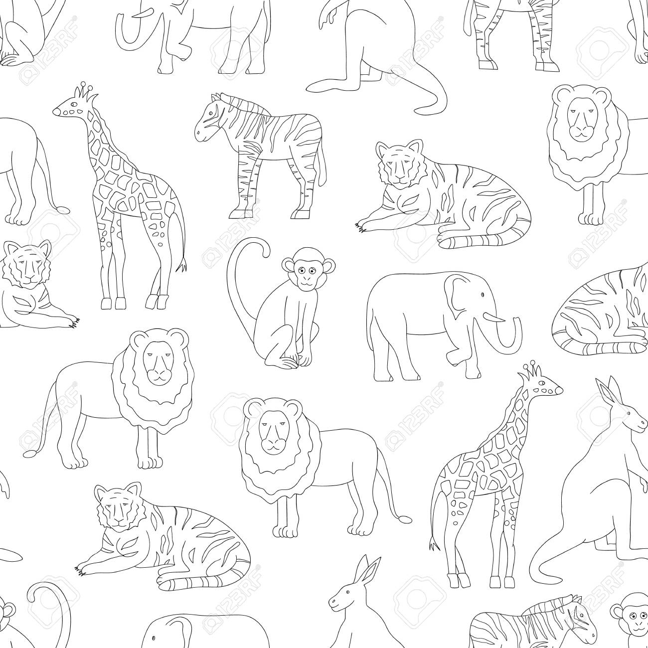 Vector Seamless Pattern Of Zoo Animals Isolated On White