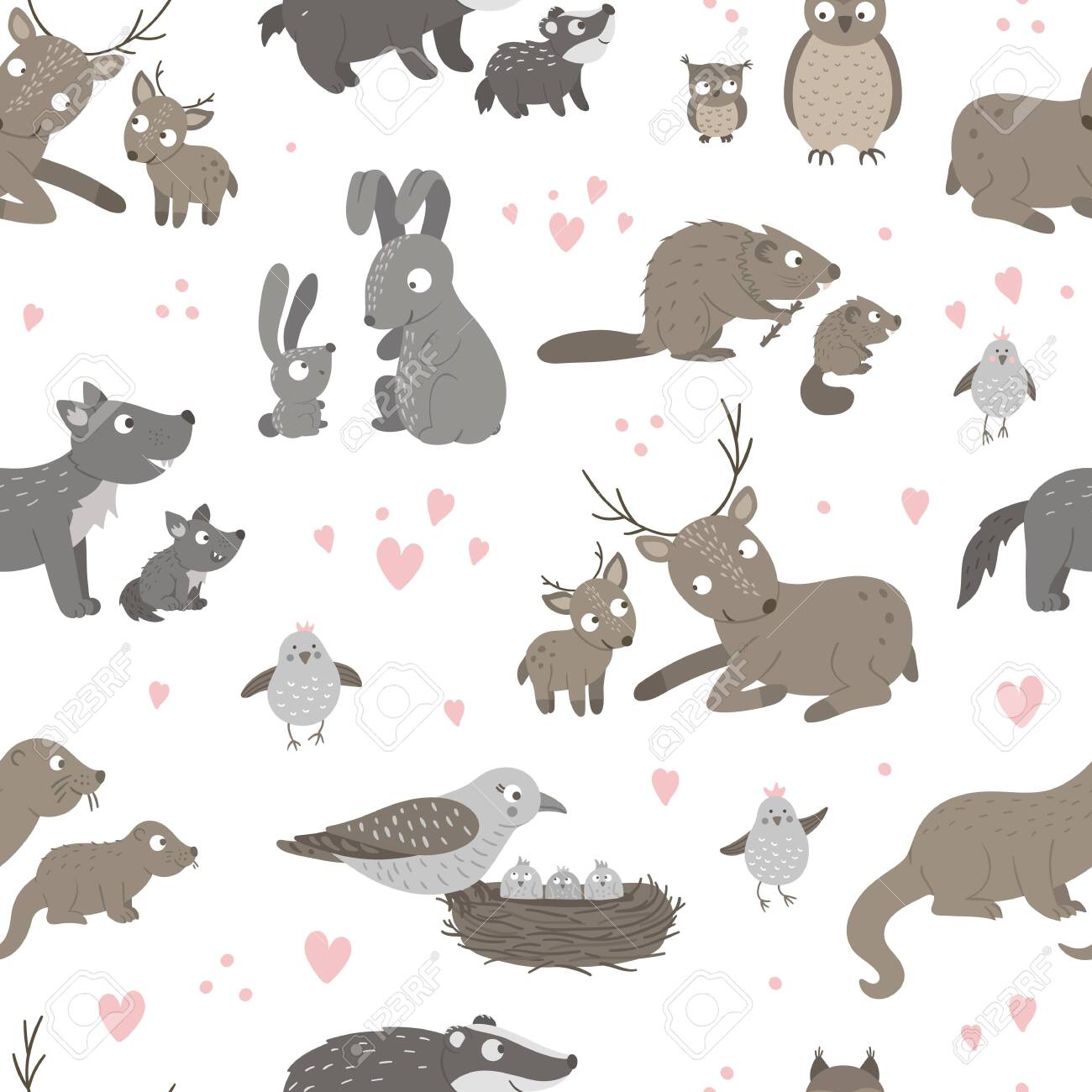 Vector Seamless Pattern With Baby Animals And Their Parents Royalty Free Cliparts Vectors And Stock Illustration Image 143688398