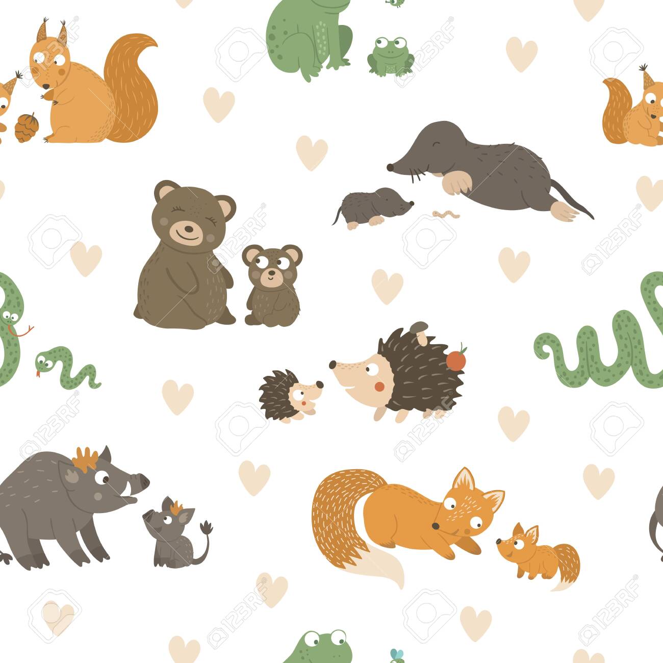 Vector Seamless Pattern With Baby Animals And Their Parents. Funny Woodland  Animal Background Showing Family Love. Cute Forest Animalistic Texture For  Motherâ€™s Day Design Royalty Free SVG, Cliparts, Vectors, and Stock  Illustration., image size:1300x1300