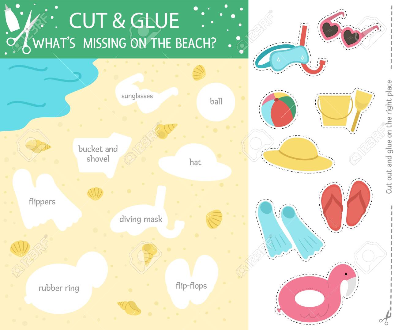 vector cut and glue activity with beach objects summer educational crafting game with cute elements fun sea holidays activity for kids whata s missing on the sand printable worksheet royalty free svg cliparts