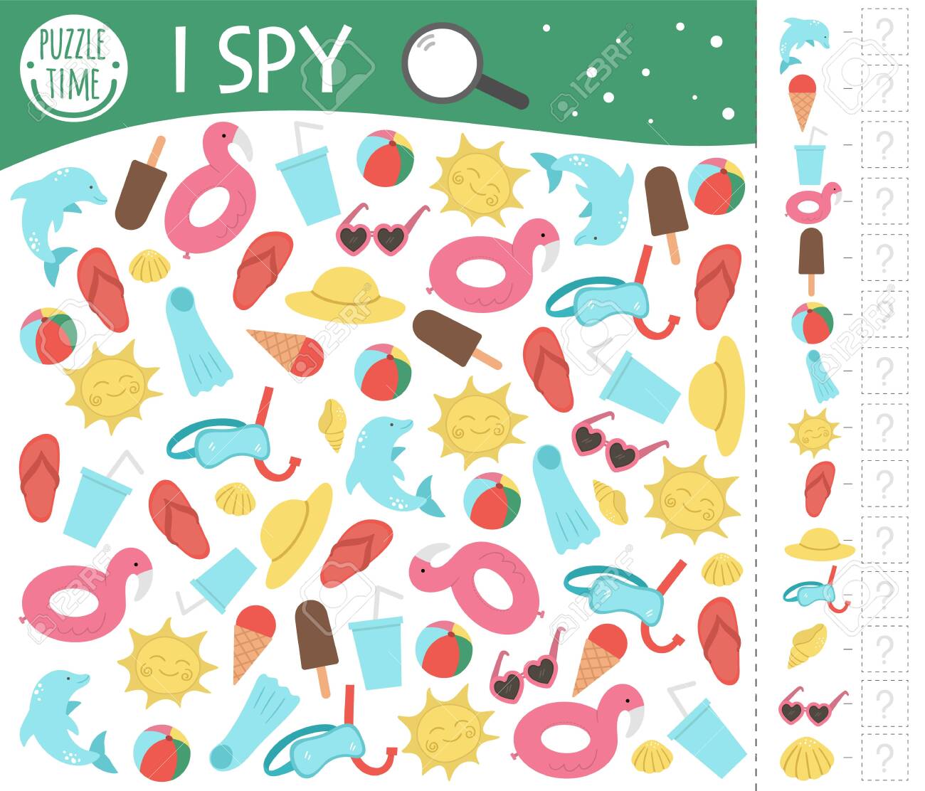 summer i spy game for kids beach holiday searching and counting activity for preschool children with cute elements funny sea vacation printable worksheet for kids simple summer spotting puzzle royalty free cliparts
