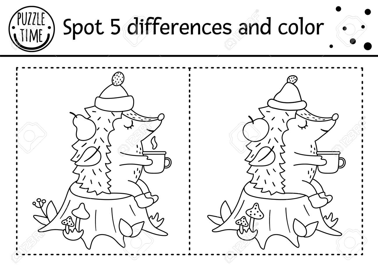 autumn-find-differences-game-for-children-black-and-white-educational-activity-and-coloring-page-with-hedgehog-sitting-on-a-stump-with-mug-fall-season-printable-worksheet-with-cute-forest-animal-royalty-free for Find The Differences Printable Free Autumn Find Differences Game For Children. Black And White Educational Activity And Coloring Page With Hedgehog Sitting On A Stump With Mug. Fall Season Printable Worksheet With Cute Forest Animal. Royalty Free for Find The Differences Printable Free