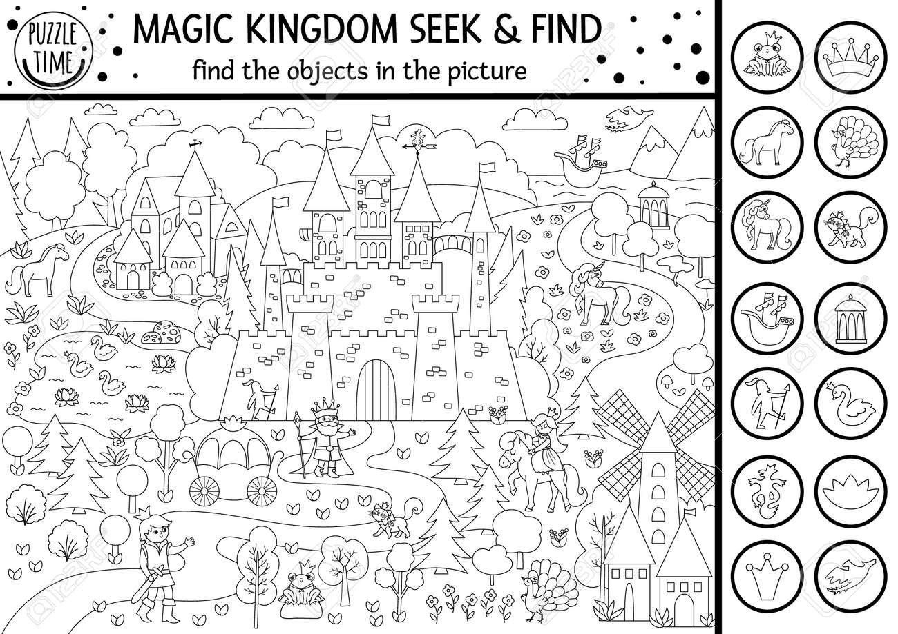 vector-black-and-white-fairytale-searching-game-with-medieval-castle-landscape-spot-hidden-objects-in-the-picture-simple-fantasy-seek-and-find-magic-kingdom-printable-activity-or-coloring-page-royalty-free-svg