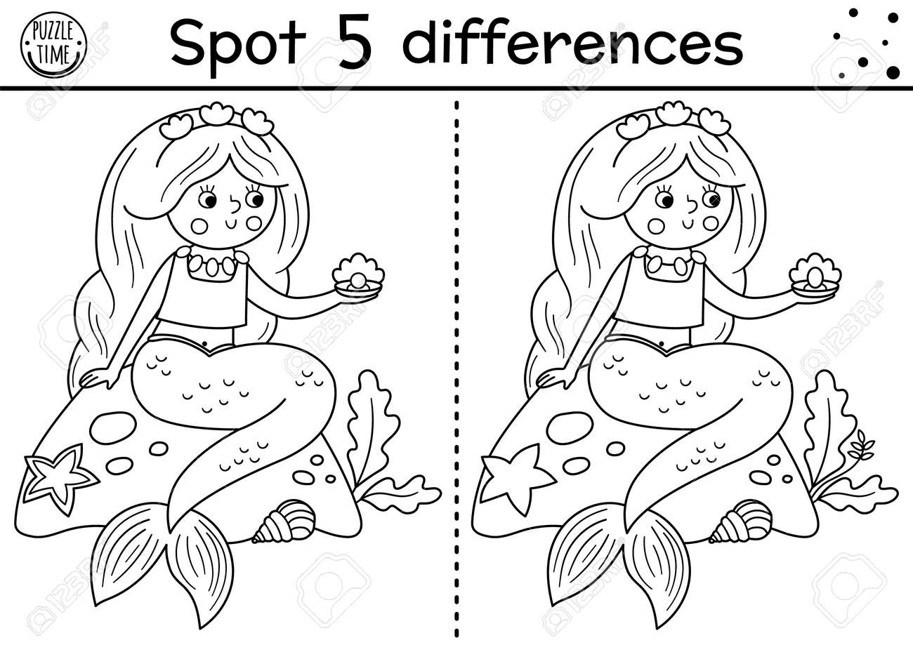 black-and-white-find-differences-game-for-children-fairytale-educational-activity-with-cute-mermaid-and-pearl-magic-kingdom-puzzle-for-kids-fairy-tale-printable-worksheet-or-coloring-page-royalty-free-svg-cliparts for Free Printable Find The Difference Worksheets Black And White Find Differences Game For Children. Fairytale Educational Activity With Cute Mermaid And Pearl. Magic Kingdom Puzzle For Kids. Fairy Tale Printable Worksheet Or Coloring Page Royalty Free SVG, Cliparts, for Free Printable Find The Difference Worksheets