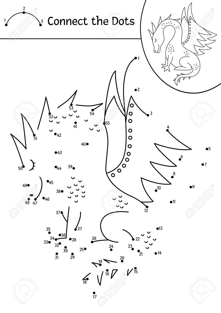 Vector Dot-to-dot And Color Activity With Cute Dragon. Magic Kingdom Connect The Dots Game For Children With Fantasy Creature. Fairy Tale Coloring Page For Kids. Printable Worksheet Royalty Free SVG, Cliparts, Vectors, vector-dot-to-dot-and-color-activity-with-cute-dragon-magic-kingdom-connect-the-dots-game-for-children-with-fantasy-creature-fairy-tale-coloring-page-for-kids-printable-worksheet-royalty-free-svg-cliparts-vectors