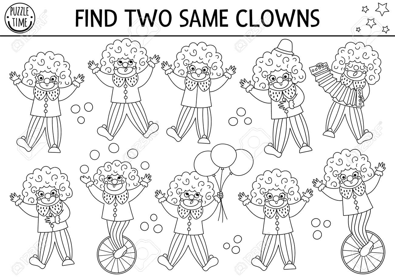 find-two-same-clowns-circus-black-and-white-matching-activity-for-children-amusement-show-educational-line-quiz-worksheet-for-kids-simple-printable-game-or-coloring-page-royalty-free-svg-cliparts-vectors-and