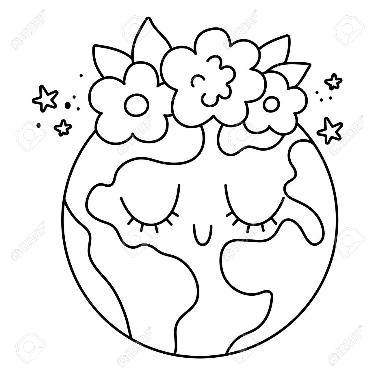 Vector Black And White Earth For Kids. Earth Day Line Illustration With  Cute Kawaii Smiling Planet With Closed Eyes. Environment Friendly Icon Or  Coloring Page With Globe And Flowers Royalty Free SVG,, image size:1298x1300