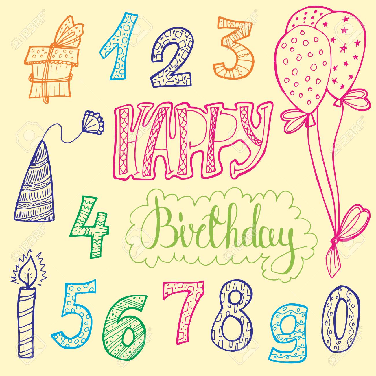 Happy Birthday Doodle Set Of Decorations For Gift Card Colored Kit Isolated