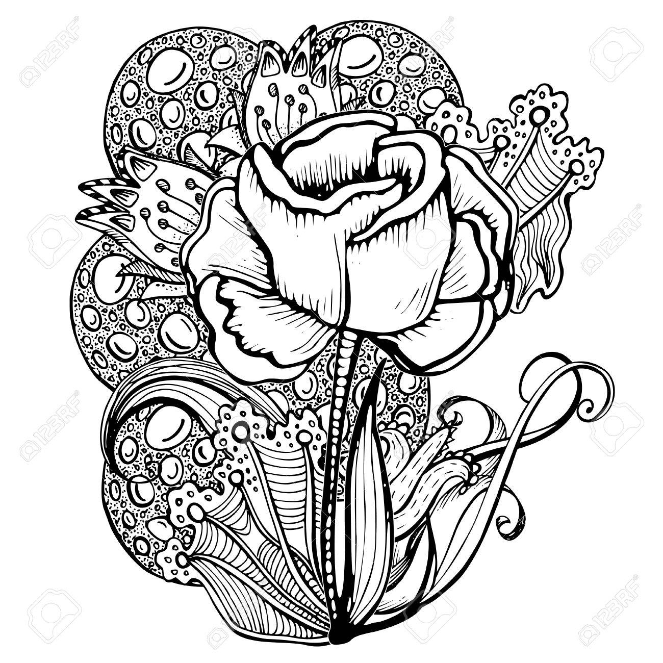 塗り絵のベクトル パターン バラと抽象的な要素と Zentangle スタイル 白の背景に黒ライン アートのエスニックなレトロ デザイン のイラスト素材 ベクタ Image 47835030