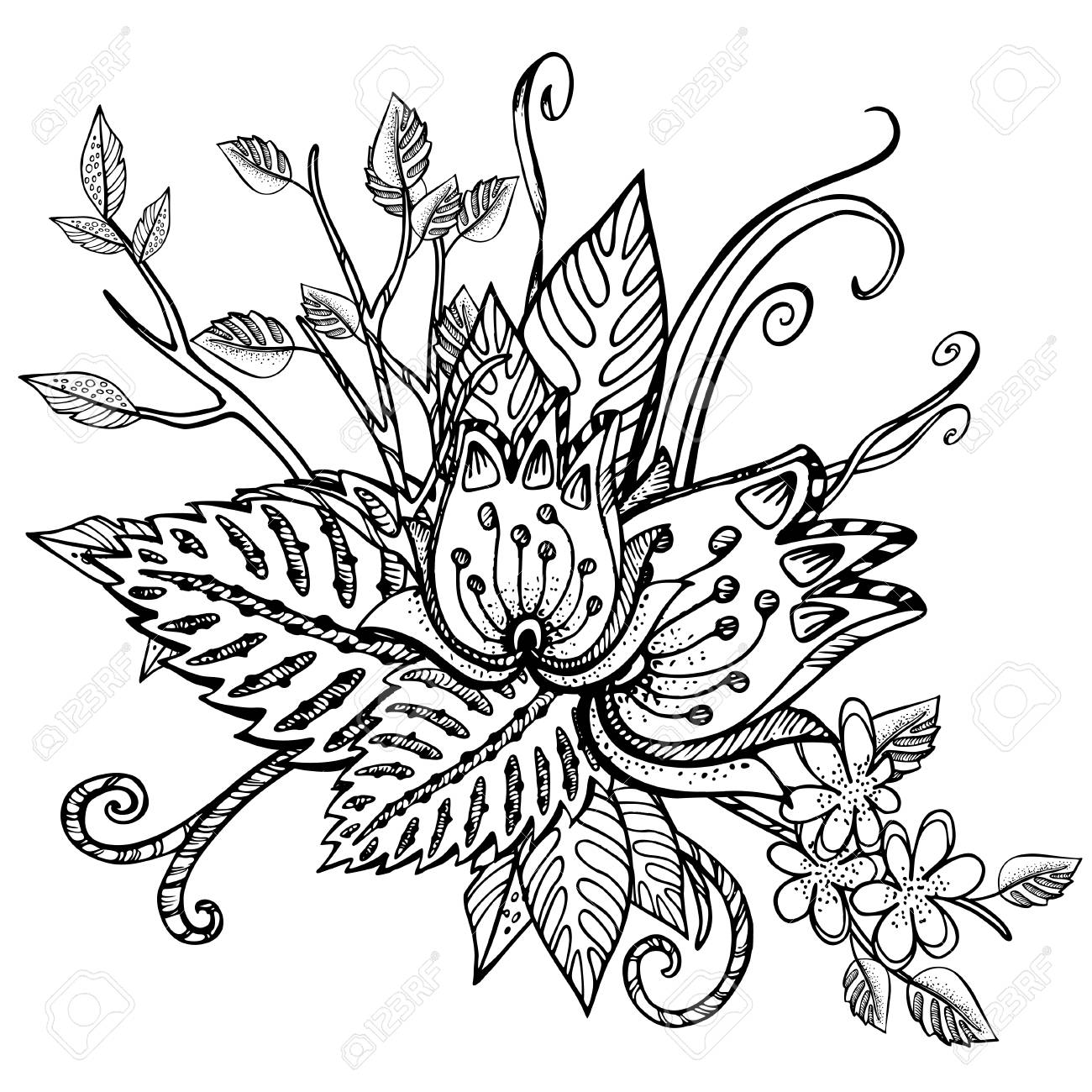 Modèle Vectoriel Pour Le Cahier De Coloriage Fleurs Abstraites De Design Rétro Ethnique Dessin Au Trait Noir Sur Fond Blanc