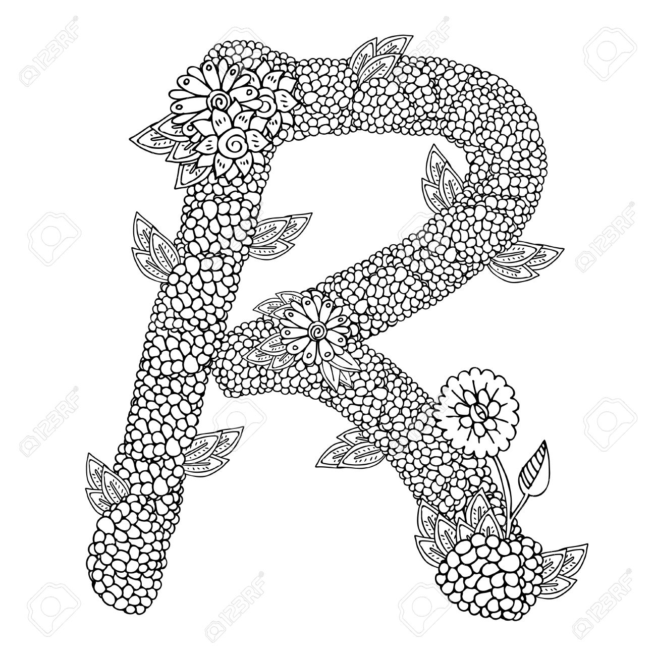 Shaped Pattern Of Capital Letter R Decorated With Floral Ornament Coloring Book Page For Adult