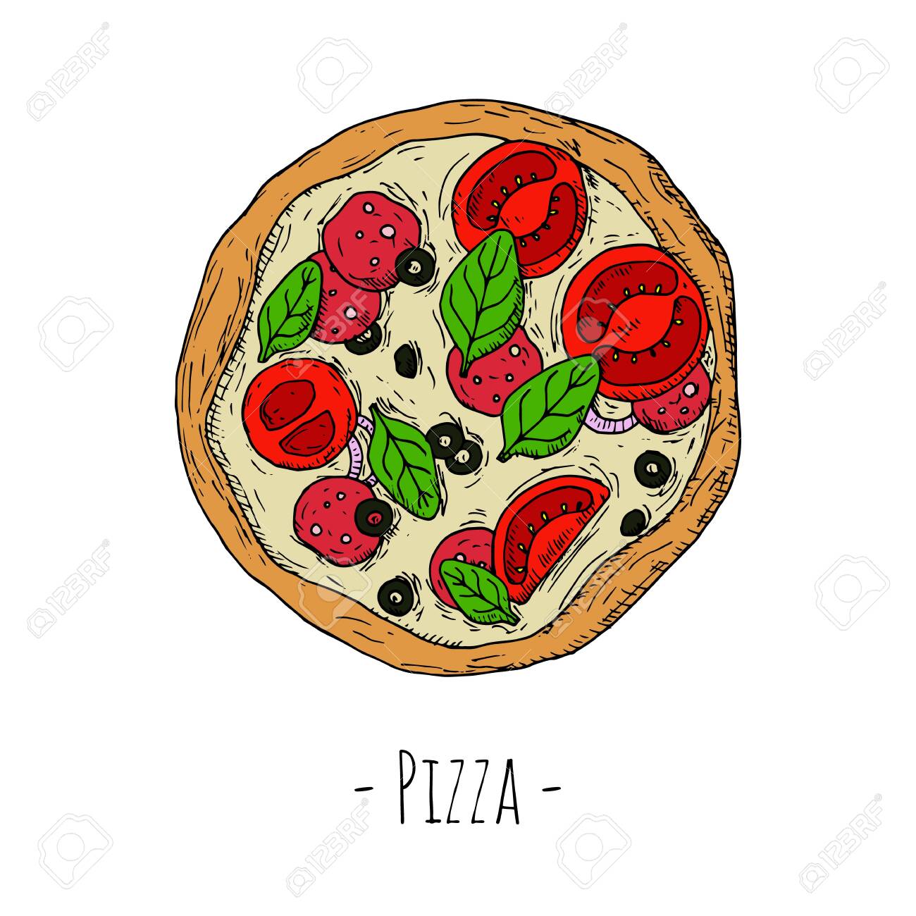 Whole Pizza With Pepperoni, Tomatoes, Spinach Leaves And Olives. Vector  Cartoon Illustration. Isolated Objects On A White Background. Royalty Free  SVG, Cliparts, Vectors, And Stock Illustration. Image 139860266.