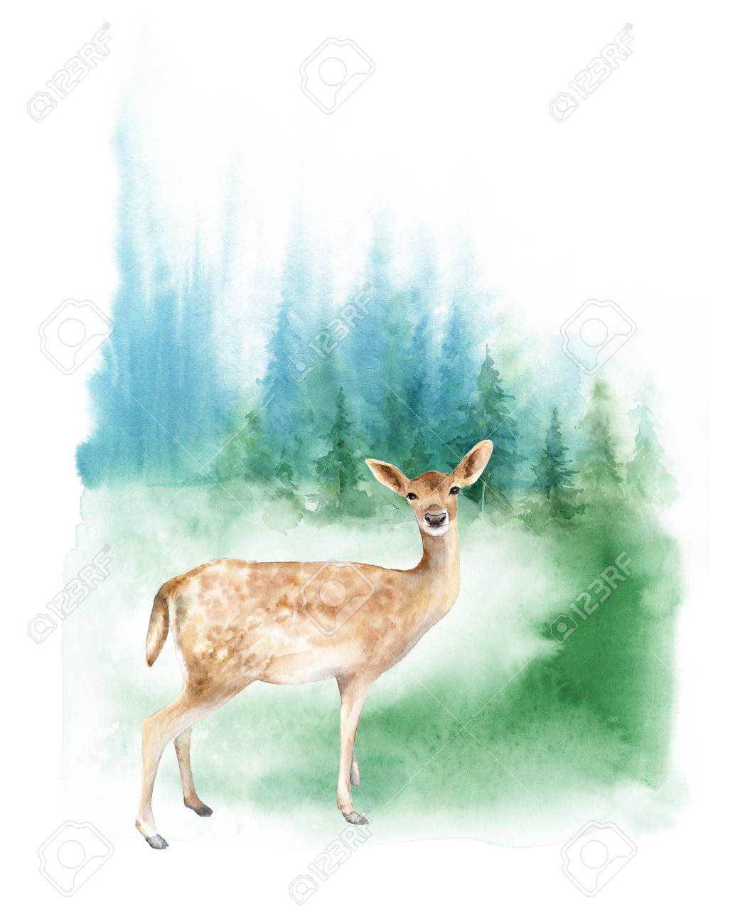 watercolor foggy forest landscape the deer on the lawn template