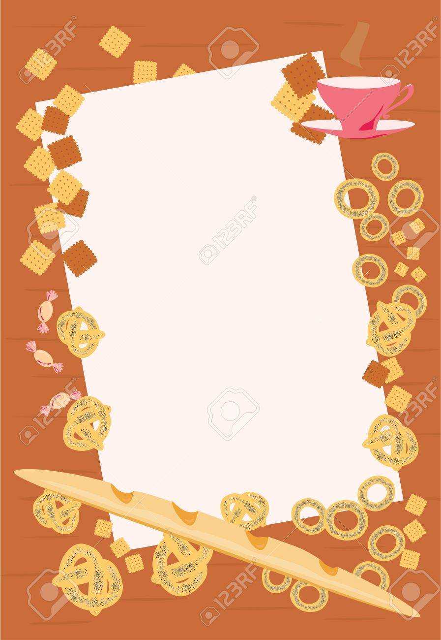 パン パン ベーグル クロワッサン ビスケット 菓子 紅茶のカップで茶色のフレームのイラスト素材 ベクタ Image