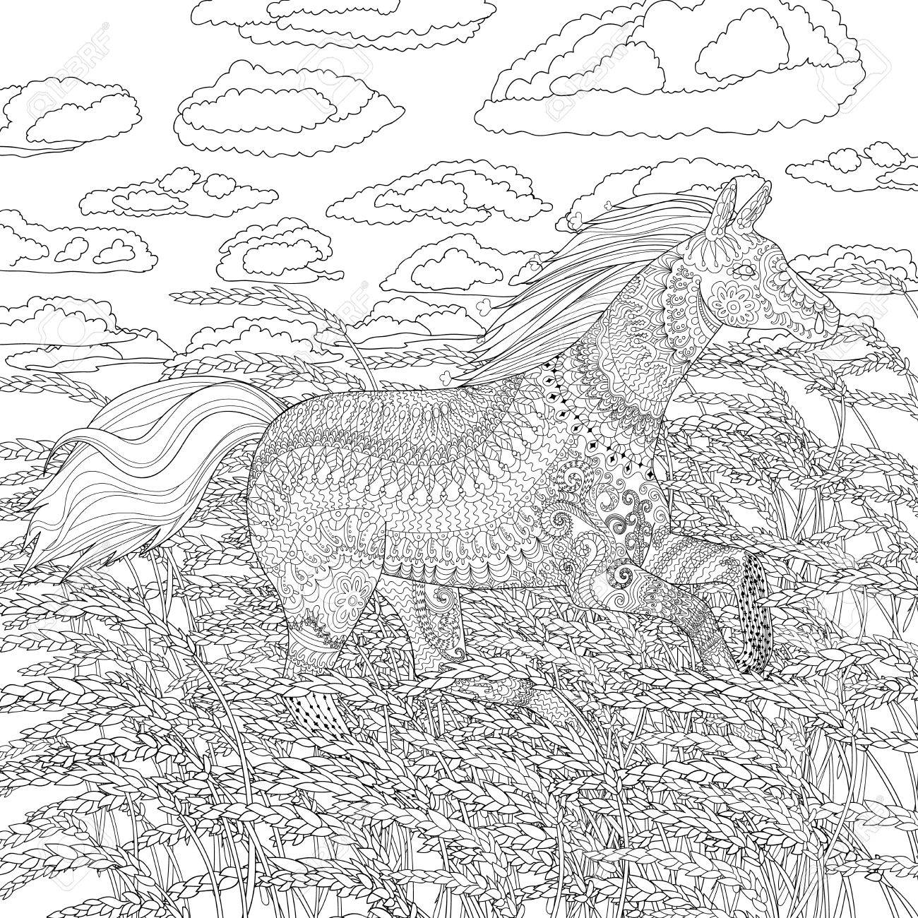 抗ストレスの芸術療法の大人のぬりえのページです 小麦のフィールドの幾何学模様のスタイルで馬を実行します T シャツ タトゥー ポスターまたはカバーのテンプレートです ベクトルの図 のイラスト素材 ベクタ Image