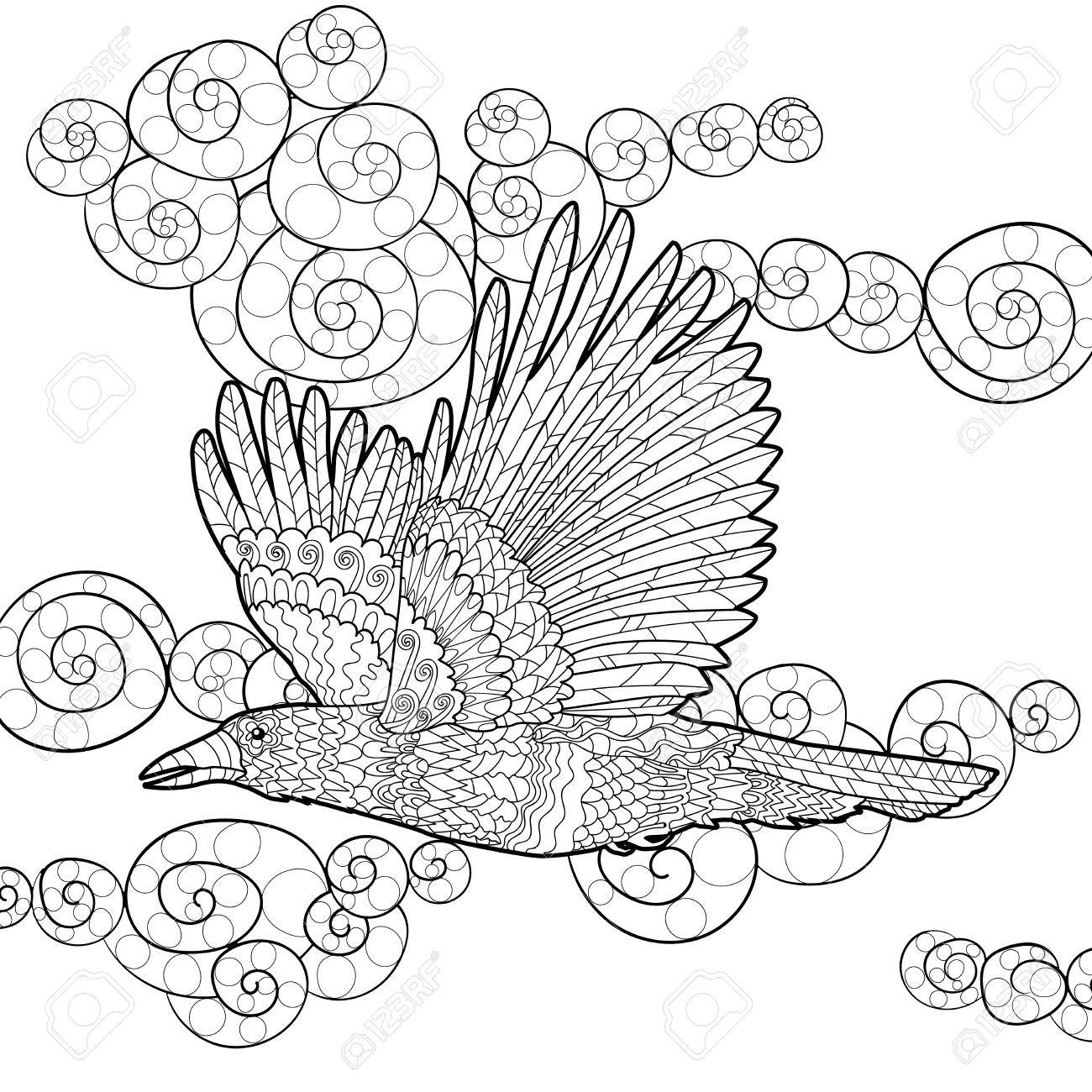 Flying Raven With High Details Adult Anti Stress Coloring Page Royalty Free Cliparts Vectors And Stock Illustration Image 52871208
