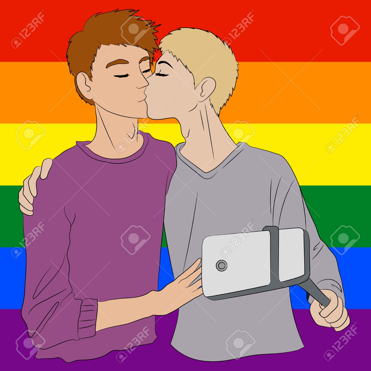 Мальчики Геи Две Милые Мальчики В Любви, Охватывающей И Принимать Селфи. Мужчины Обнимаются, Поцелуи И Фотографировать. ЛГБТ-сообщества Геев Ставят Перед Флагом Радуги. Иллюстрации. Клипарты, SVG, векторы, и Набор Иллюстраций Без Оплаты Отчислений. Image 63111563