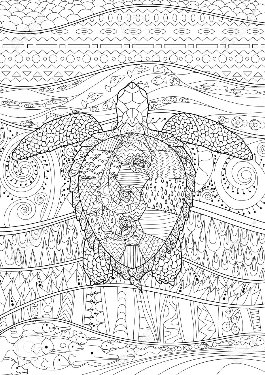 piscine tortue avec des details eleves pour coloriage anti stress illustration dans le style tracery abstract pattern elements oceaniques detendre la coloration les adultes zentangle vecteur femme contour humain