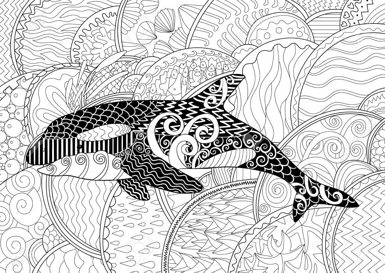 高詳細でシャチ Orca 成人抗ストレスぬりえ芸術療法の黒白い動物 海洋要素と抽象的なパターンのカラーリングをリラックスは 成長のため Ups の Zentangle スタイルでのイラスト素材 ベクタ Image 69111912