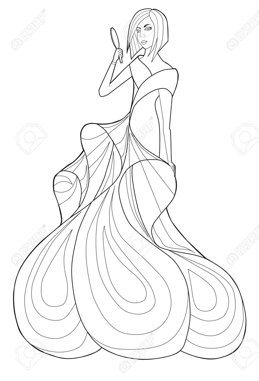 大人のための本ページを着色します 長いドレスを着た女性 ファッション のイラスト素材 ベクタ Image 大人のための本ページを着色します 長いドレスを着た女性 ファッション のイラスト素材 ベクタ Image