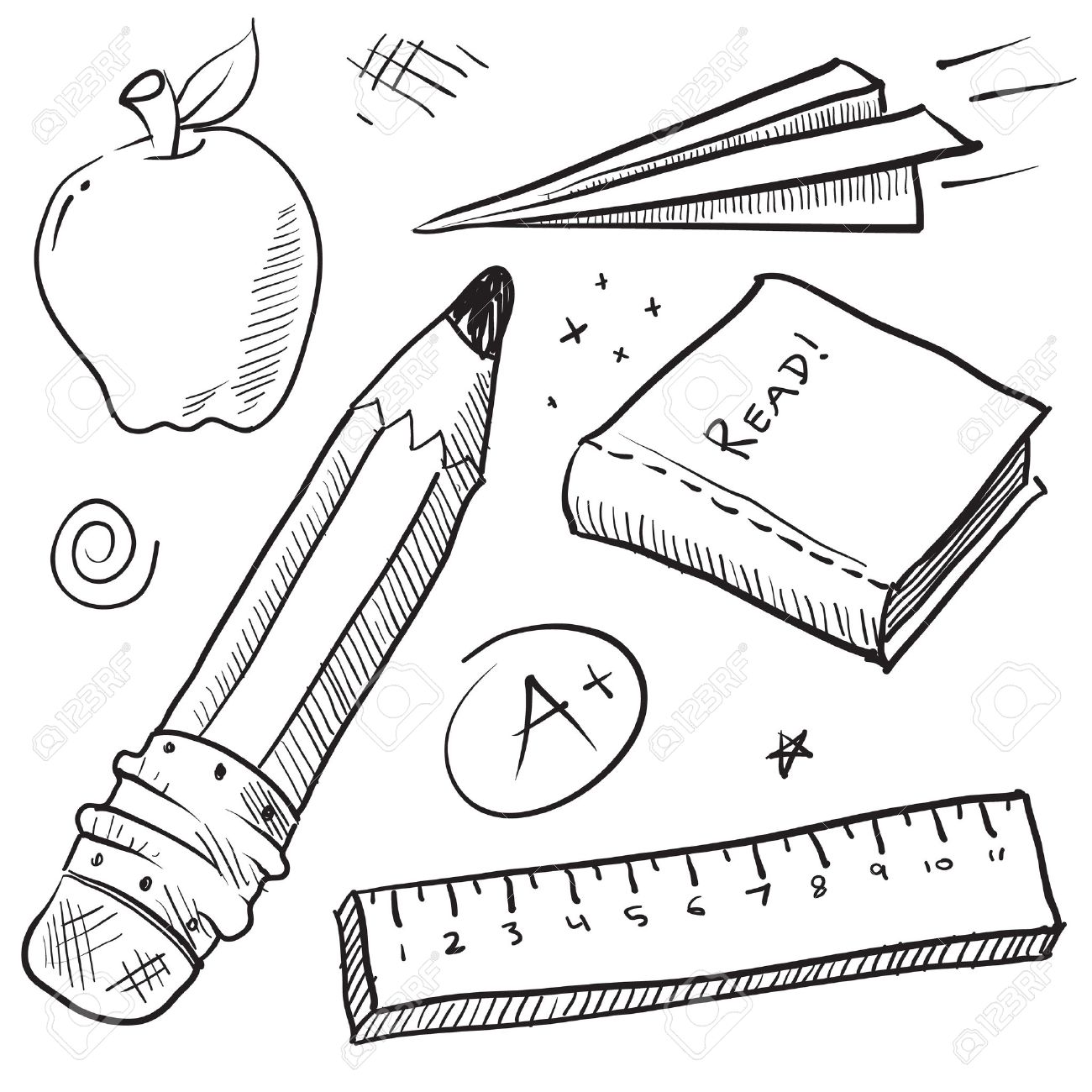 落書きと鉛筆 紙飛行機 本 定規 アップル スタイル学校テーマ ベクトル イラスト の写真素材 画像素材 Image