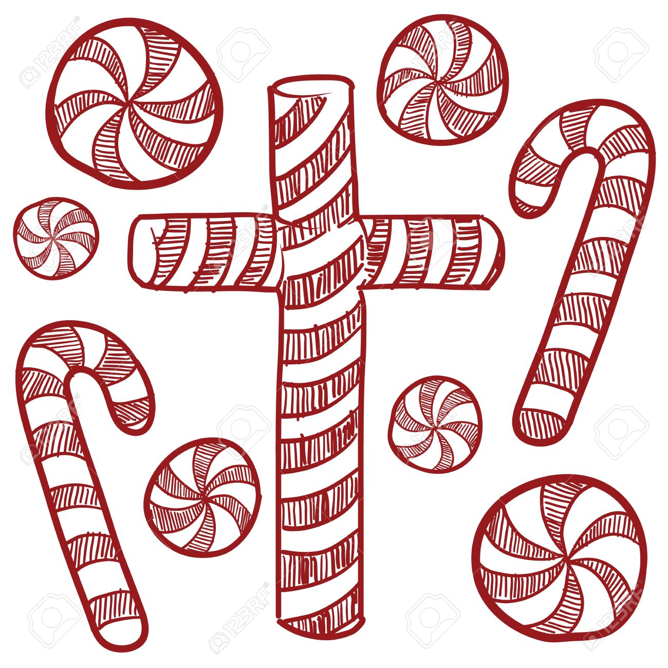 スタイルのクリスマスまたは休日キャンディ イラストや薄荷キャンディー杖 クロス ベクトル形式のような形をしたお菓子を落書き の写真素材 画像素材 Image