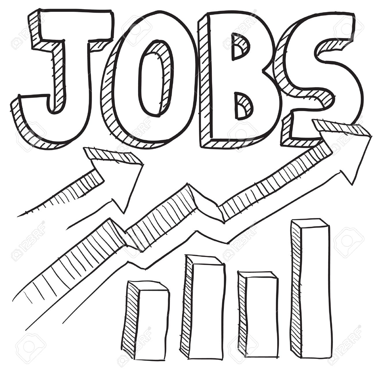 落書きスタイル仕事や雇用の増加ベクトルのイラストが含まれていますテキストの書式設定上下のバーグラフの矢印 の写真素材 画像素材 Image