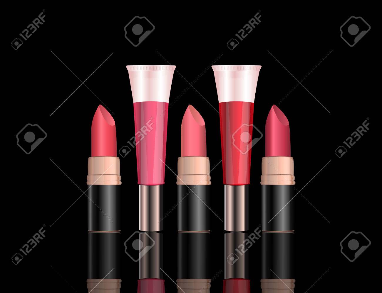 リップグロスと口紅輝く効果背景のチューブの華やかなセット モックアップ デザイン 3 D 現実的なベクトル イラスト テンプレートのイラスト素材 ベクタ Image
