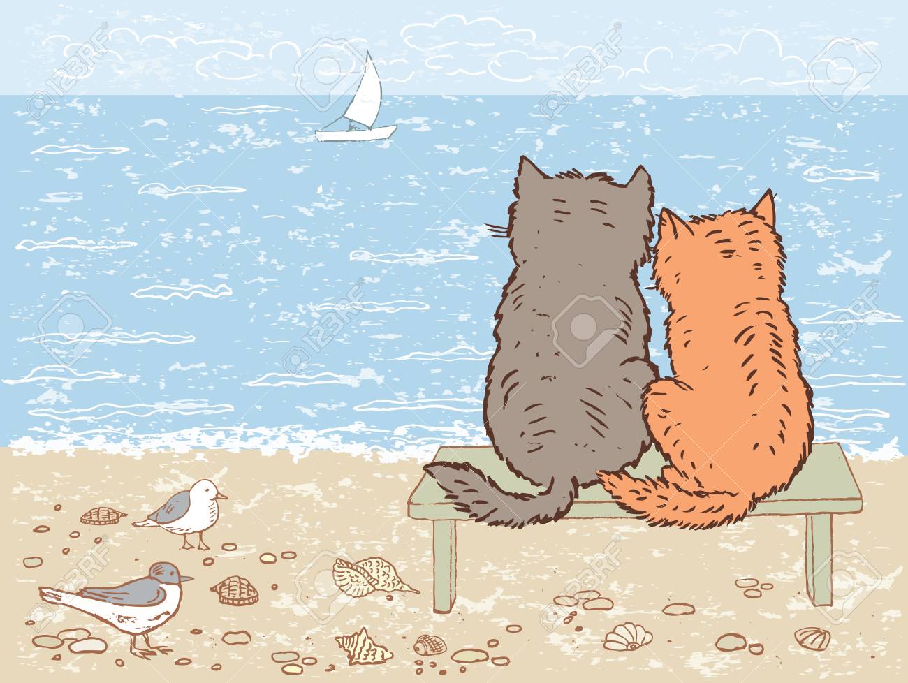 海を見ている2匹の猫のイラスト素材 ベクタ Image 97