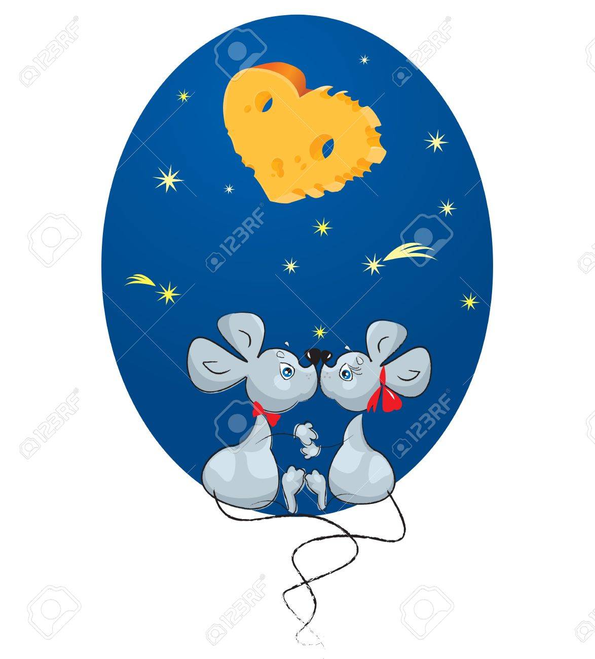 バレンタインの日の概念 雄マウスと星と月 ハート チーズと空を背景に雌マウスの漫画 のイラスト素材 ベクタ Image