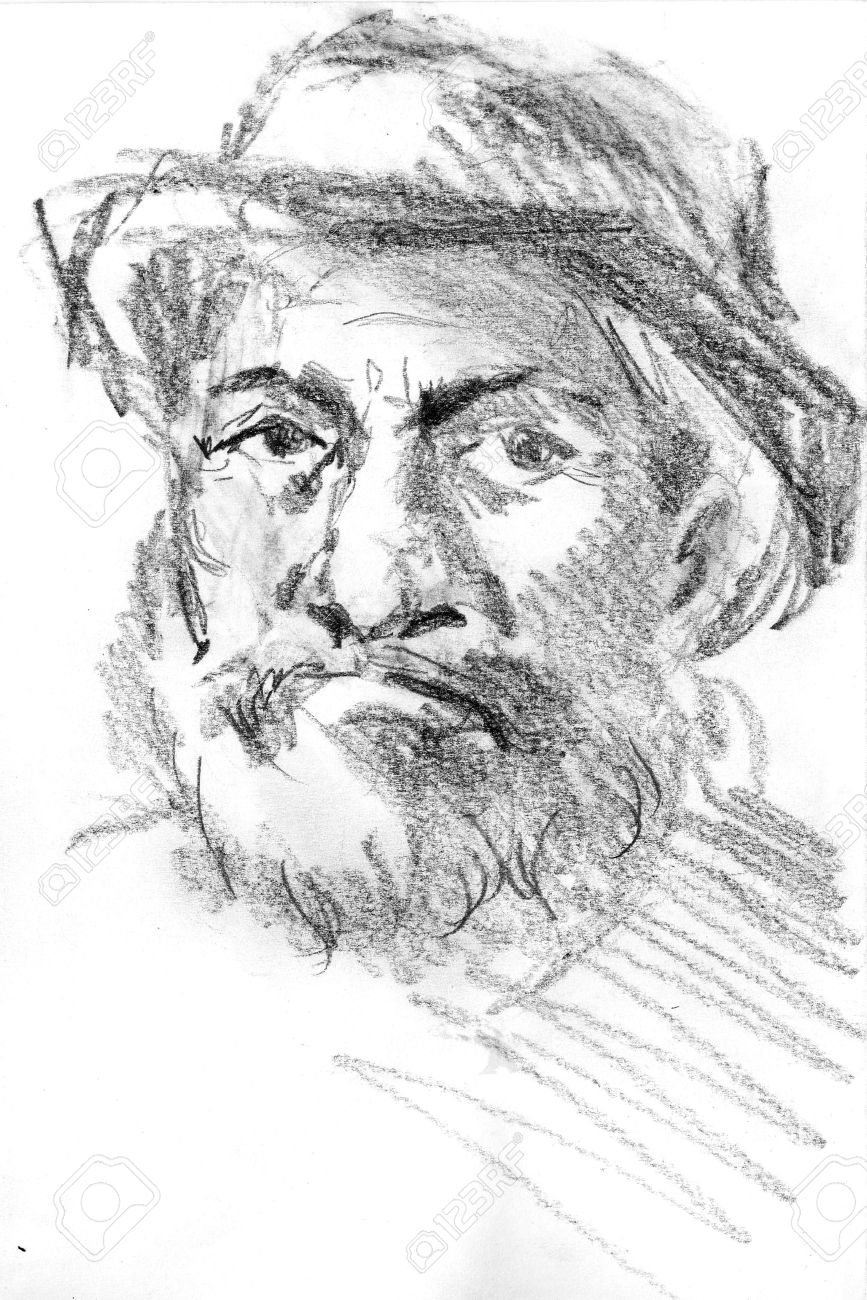 Milieu Homme Dâge De L Portrait Avec Chapeau Dessiné à La Main Esquisse Au Crayon