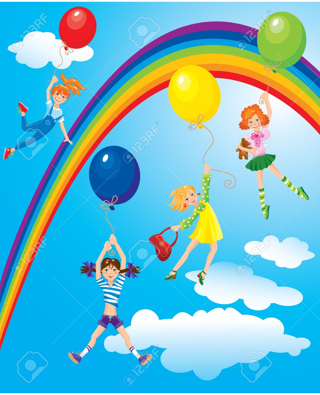 cute girls flying away on balloons on sky background with rainbow