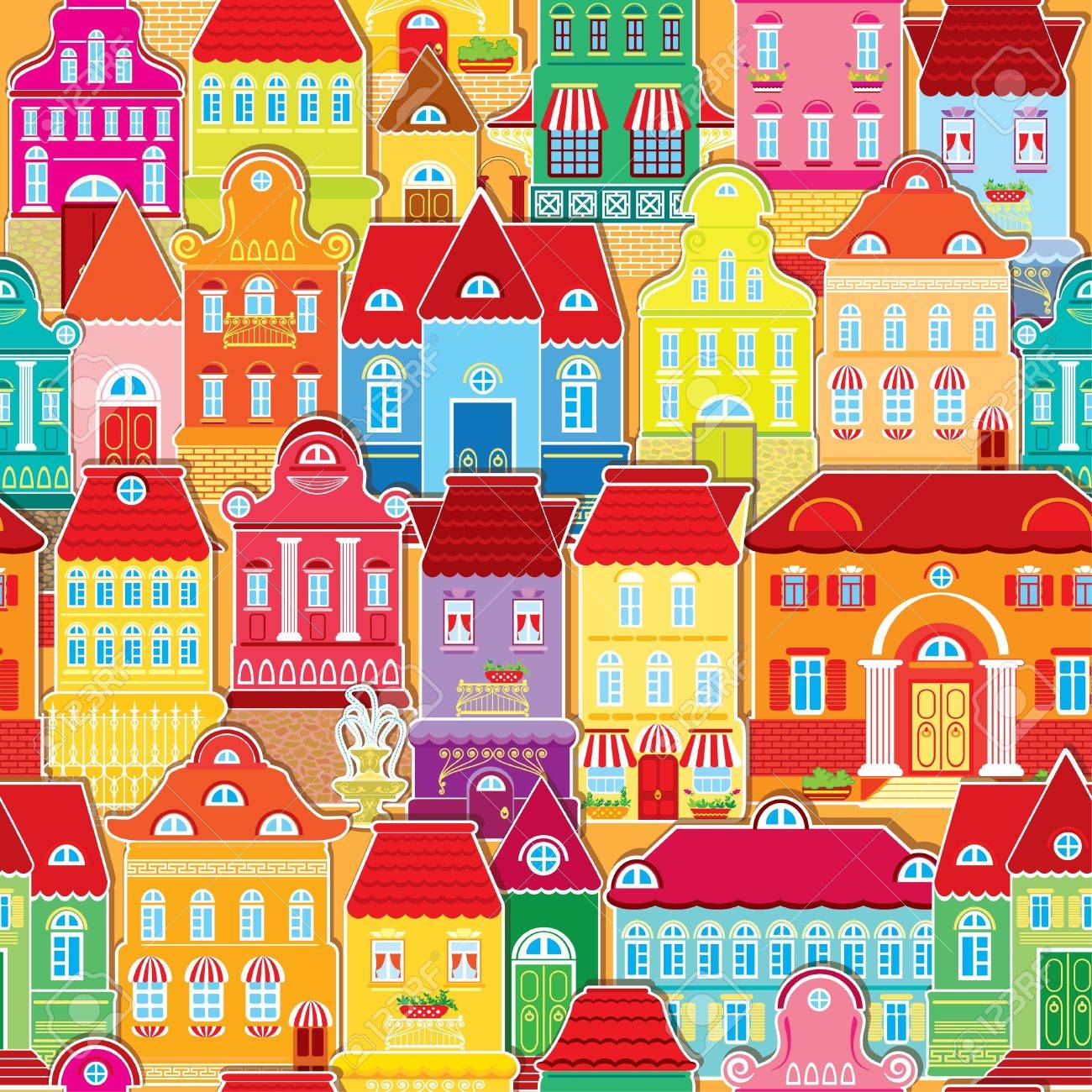 装飾的なカラフルな住宅街無限の背景とのシームレスなパターン のイラスト素材 ベクタ Image