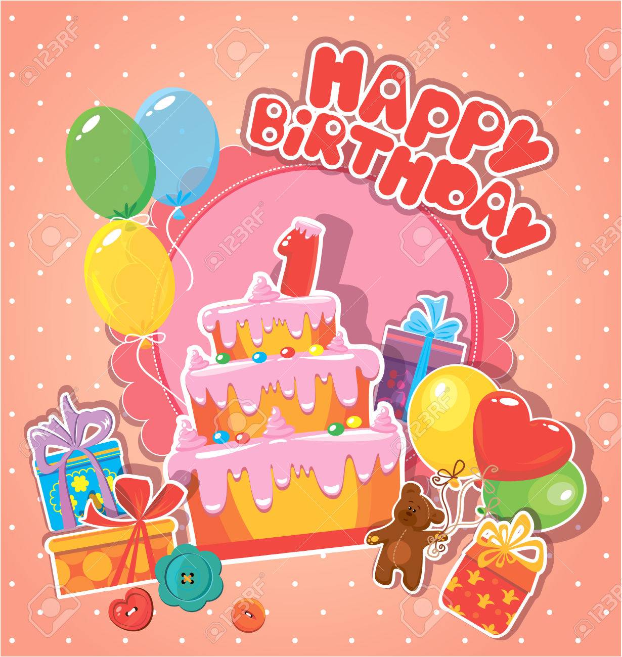 Carte D Anniversaire Bebe Avec Ours En Peluche Gros Gateau Et Coffrets Cadeaux Un Anniversaire Clip Art Libres De Droits Vecteurs Et Illustration Image