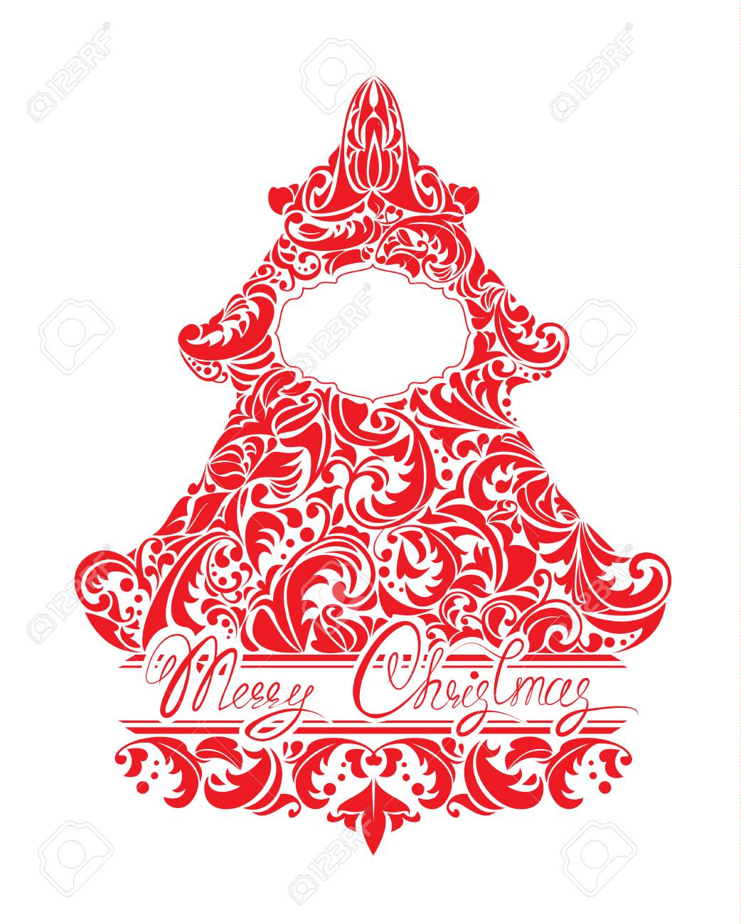 Feiertags Karte Mit Abstrakten Weihnachten Tanne Rot Blutenspitze Ornament Rahmen Und Handgeschriebener Text Kalligraphisches Frohe Weihnachten Isoliert Auf Weissem Hintergrund Lizenzfrei Nutzbare Vektorgrafiken Clip Arts Illustrationen Image