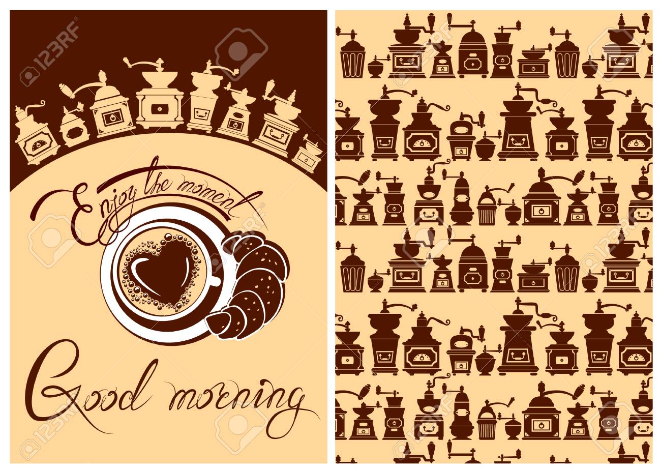 テンプレート フレアまたは喫茶店のメニュー デザインのセットします 一杯のコーヒーとレストランやカフェのクロワッサンとの背景 手書きのカリグラフィ テキストお楽しみください現時点では おはようございます のイラスト素材 ベクタ Image