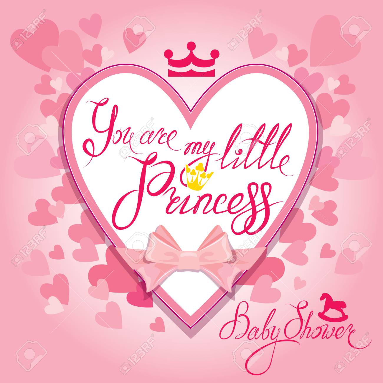 Baby Shower Avec Coeur Et Couronne Sur Fond Rose Texte Calligraphique Tu Es Ma Petite Princesse Felicitations Pour La Naissance D Une Fille Clip Art Libres De Droits Vecteurs Et Illustration Image