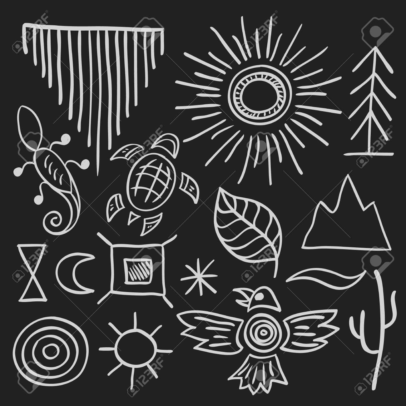 手描き落書きベクトル要素 Vol 9 の 9 を設定します ネイティブ アメリカンのシンボル 太陽 ツリー イーグル 山 亀 トカゲ 白いシルエットが黒に分離されました のイラスト素材 ベクタ Image