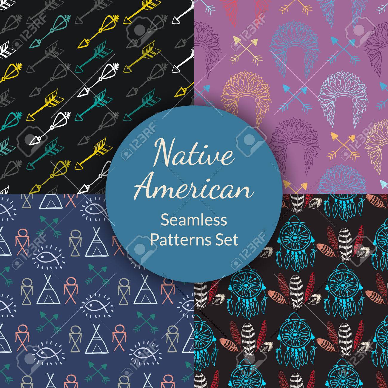 ネイティブ アメリカン シームレス パターン入りインド チーフ ヘッドドレス ドリーム キャッチャー 矢印 ウィグワム 羽 テキスタイル 壁紙の色の手描き落書きのベクトル コレクション のイラスト素材 ベクタ Image