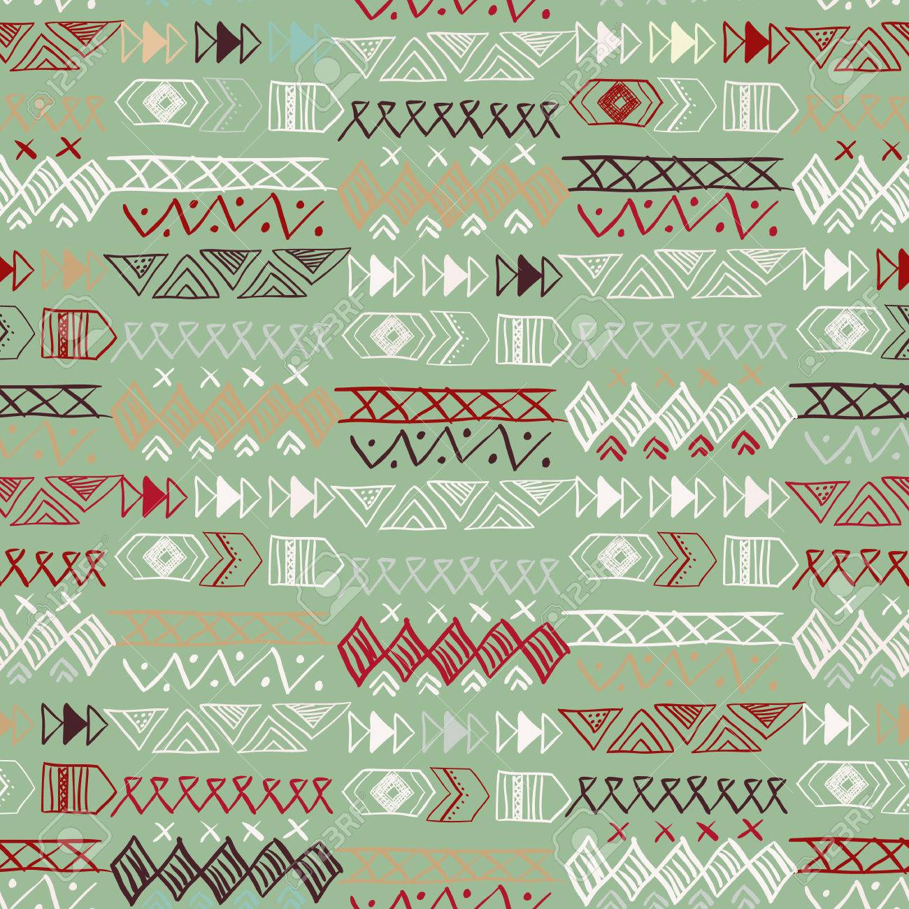 抽象的なアステカのシンボルとネイティブ アメリカンのシームレスなパターン テキスタイル 壁紙 カードの装飾の色手描き落書きのベクトルの背景 のイラスト素材 ベクタ Image