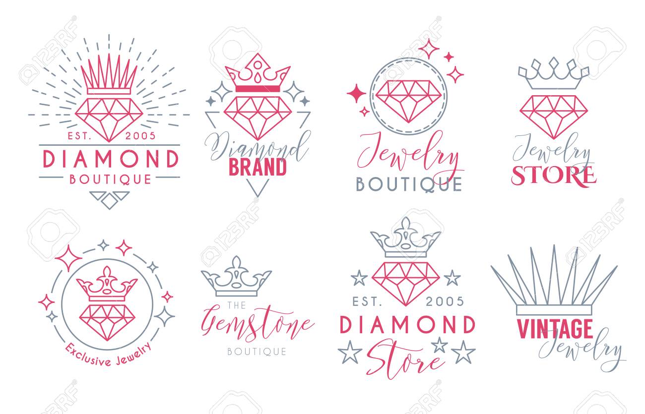 Conjunto De Logotipos De Joyas O Plantilla De Etiquetas Para Joyería, De Visita De Joyero. Vector De Tipografía Diseño De Texto De Colección Con La Línea De Arte De Diamantes