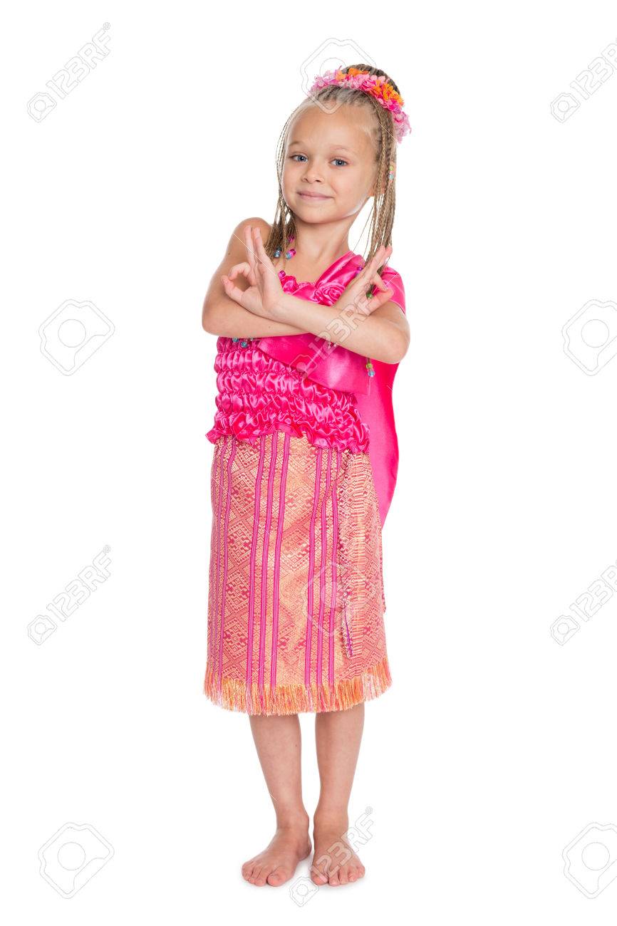 Happy Little Girl With Dreadlocks Is Dancing Thai Dance