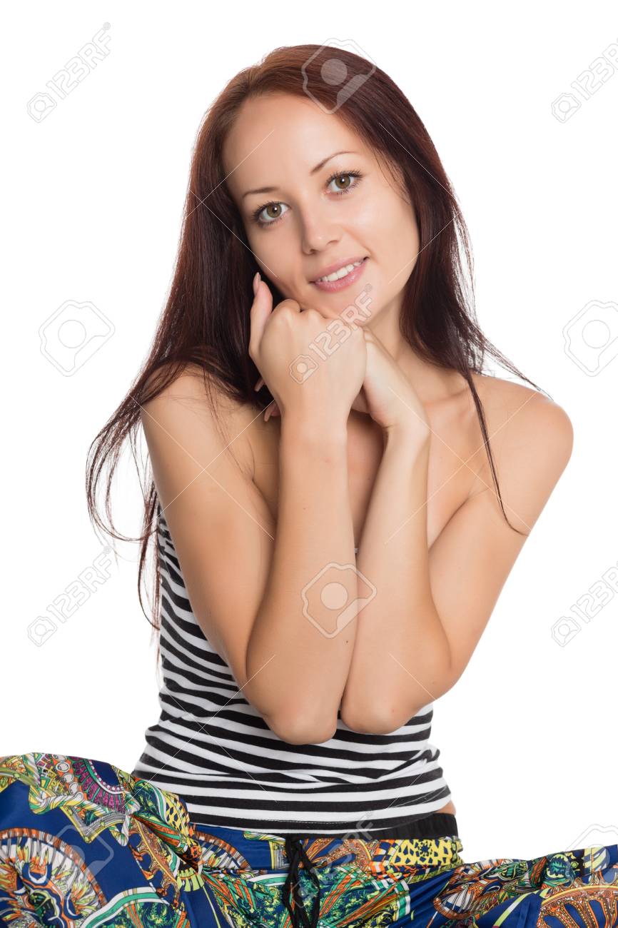 床に座って肖像画流行の若い女性 歳の女の子 の写真素材 画像素材 Image