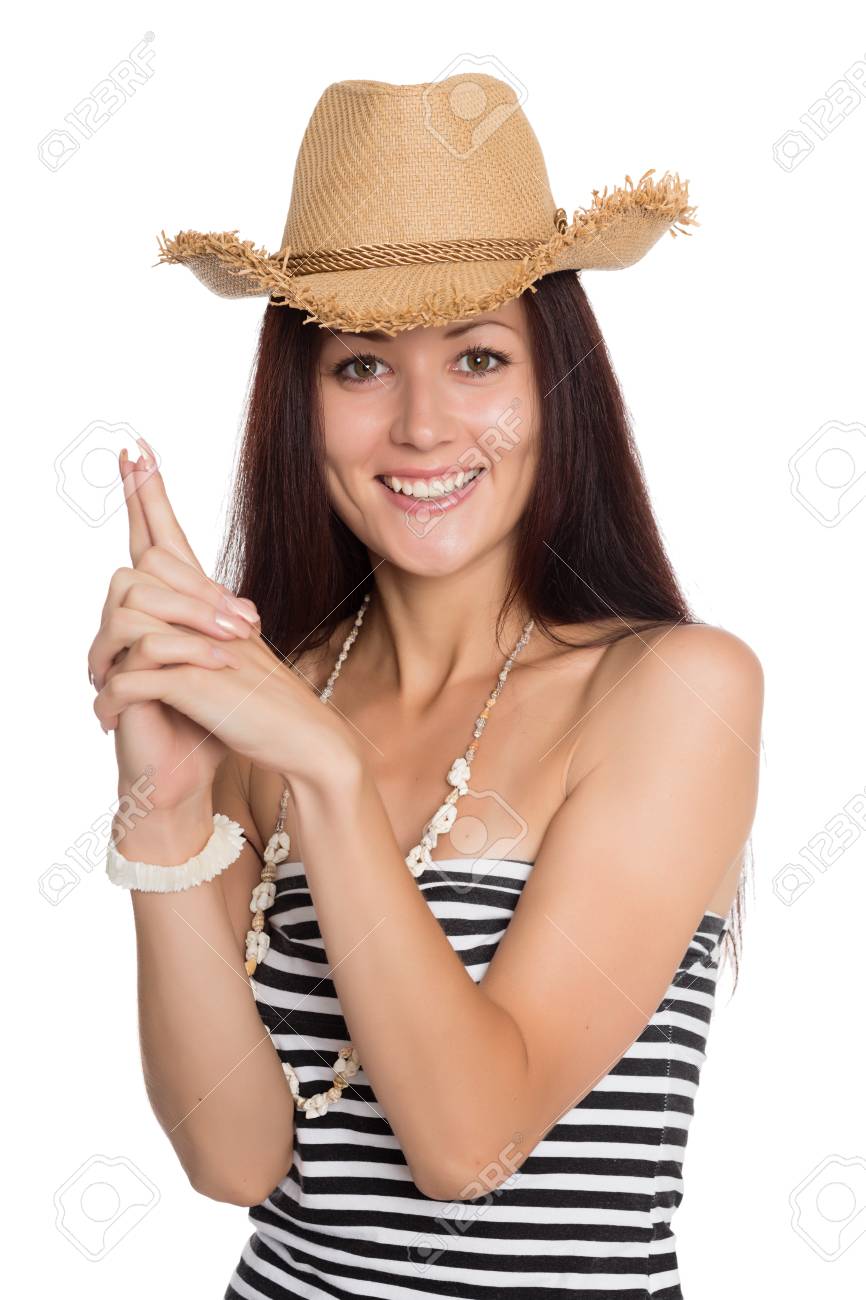 young woman pointing fingers hands up girl of twenty seven years