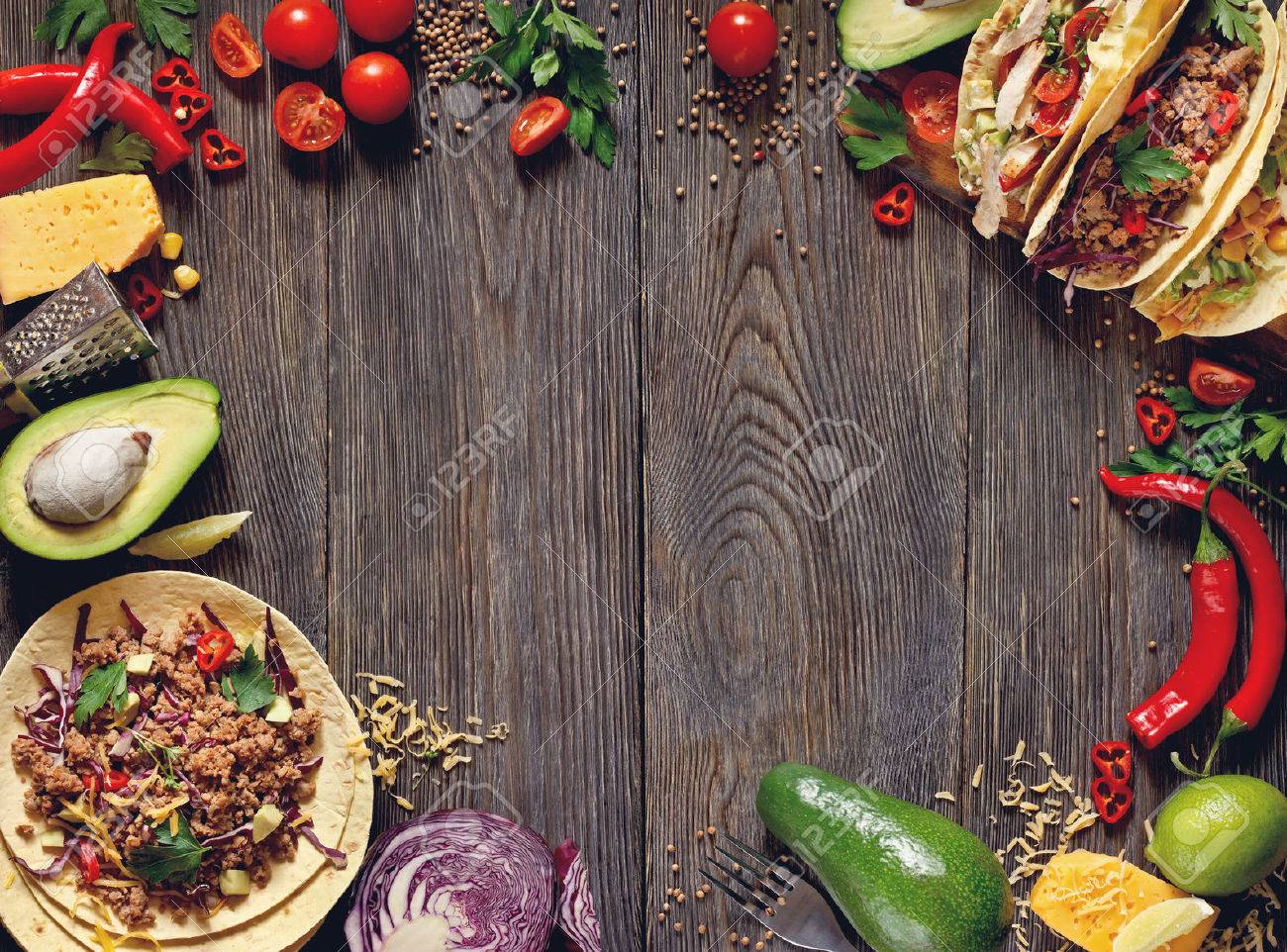 fresh delisious mexican tacos and food ingredients stock photo